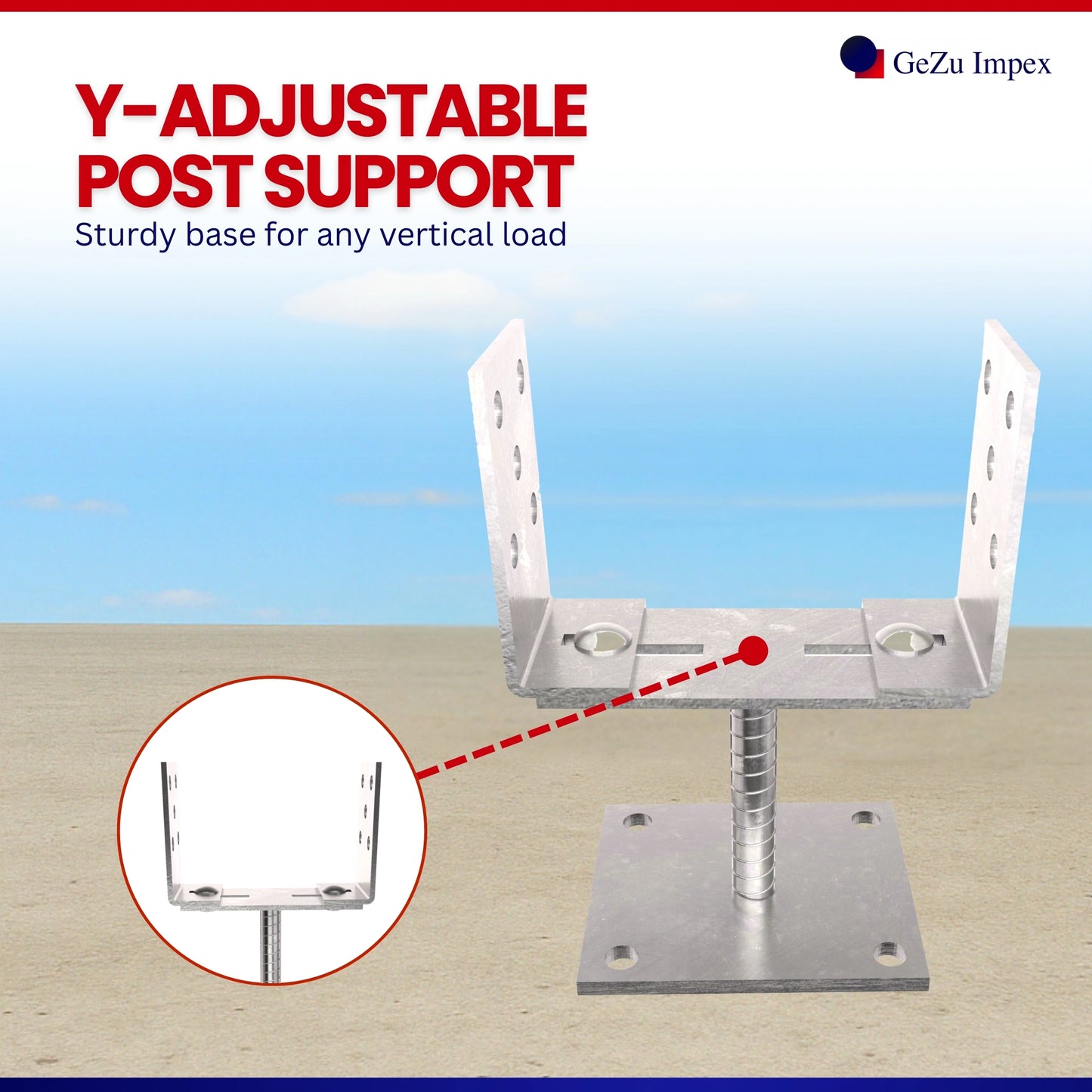 Supporto per Palo a U con Larghezza Regolabile con Piastra 100x100mm Zincato Elettroliticamente
